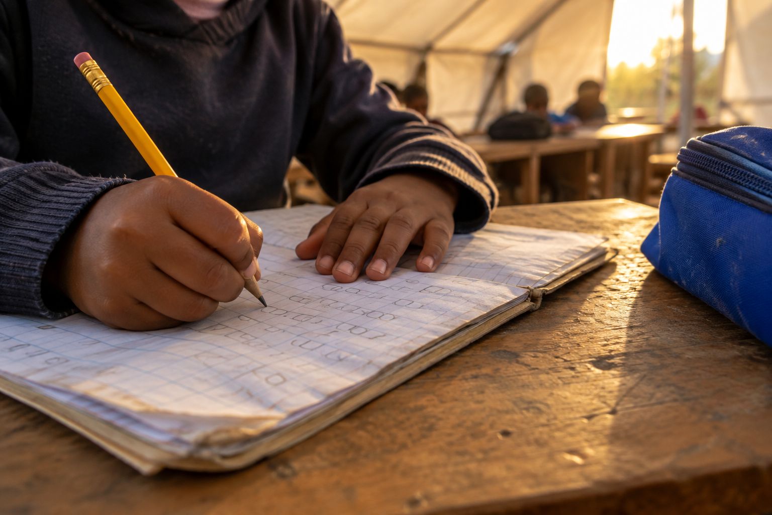 Les mains d'un enfant qui écrit dans un cahier