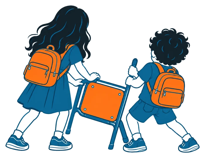 Deux élèves relèvent ensemble une chaise d'école renversée