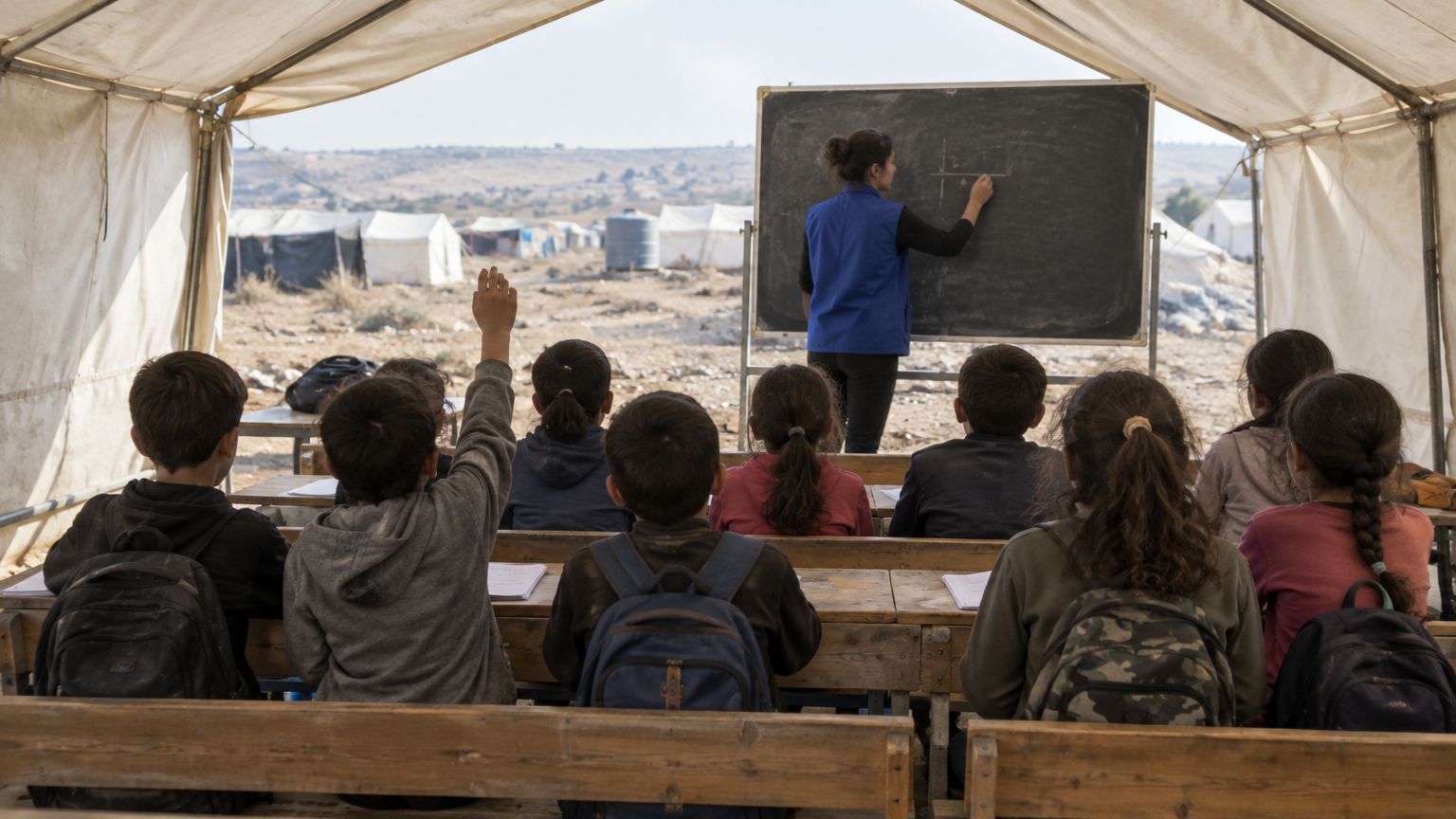 Une enseignante au tableau sous une tente-école, des élèves de dos